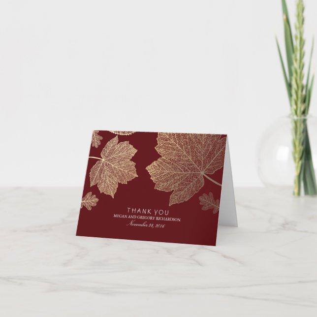 Gold Fall Leaves Burgundy Wedding Thank You Card (Front)