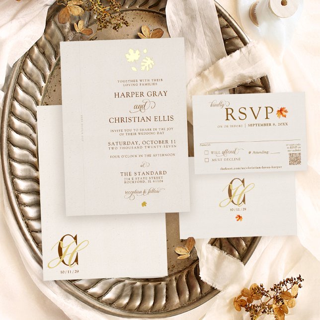Gold Fall Leaves Elegant Autumn DIY Ribbon Wedding (Elegant beige gold foil Fall leaf Autumn add your own ribbon simple unique wedding invitation set)