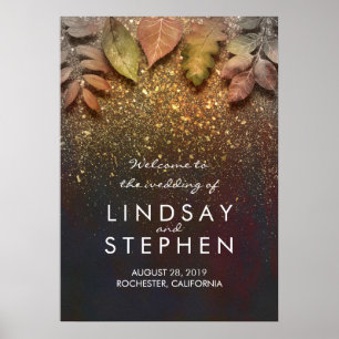 Gold Fall Leaves Glitter Wedding Welcome Sign