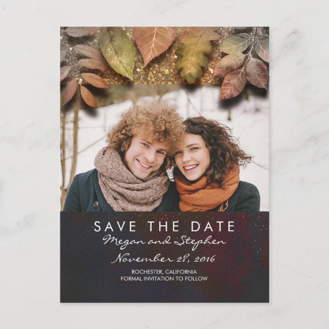 Gold Fall Leaves Photo Save the Date Announcement Postcard (Front)
