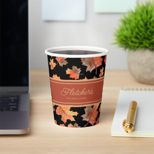 Gold Fall Leaves & Terracotta Stripe Custom Black Paper Cups