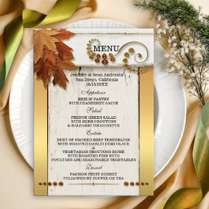 Gold Fall Leaves Wedding Menu Card