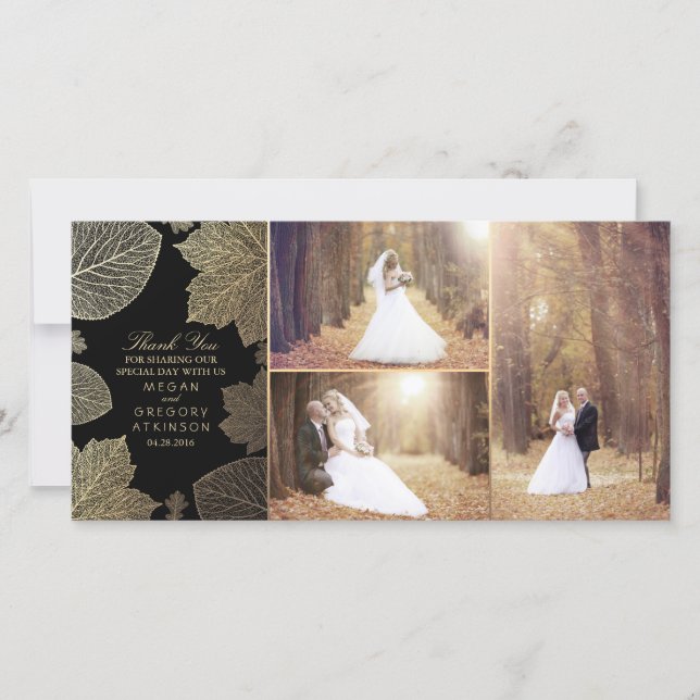 Gold Fall Leaves Wedding Photo Thank You (Front)