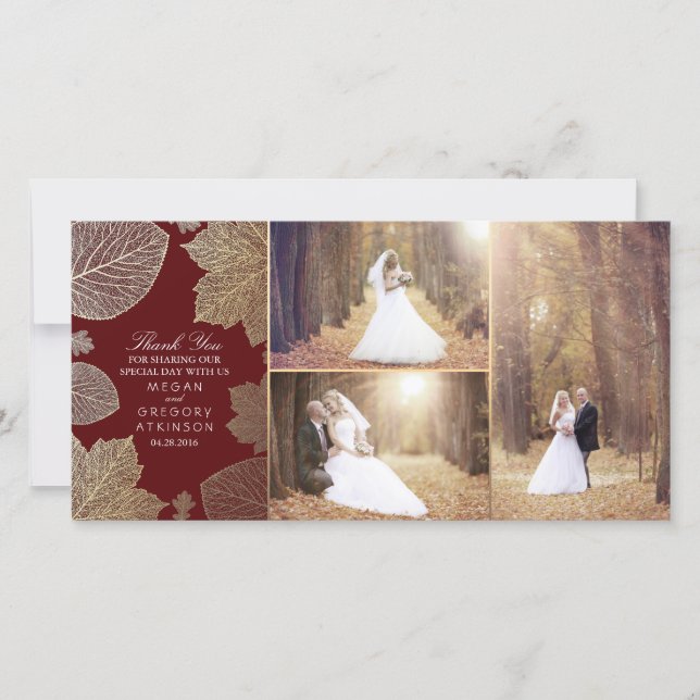 Gold Fall Leaves Wedding Photo Thank You Card (Front)