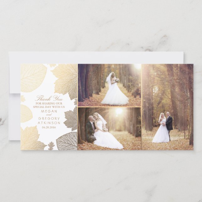 Gold Fall Leaves White Wedding Photo Thank You (Front)