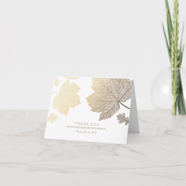 Gold Fall Leaves White Wedding Thank You Card (Front)