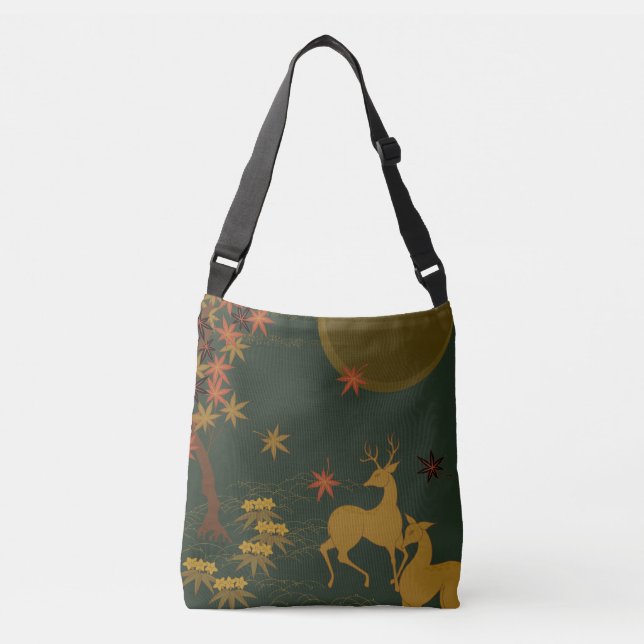 Gold Fall Moon Rustic Forest Nature Deer Crossbody Bag (Front)