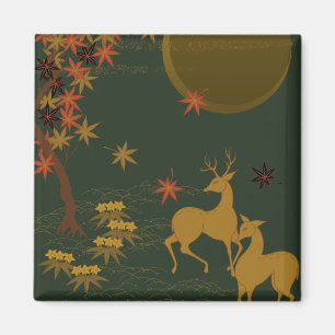 Gold Fall Moon Rustic Forest Nature Deer Magnet