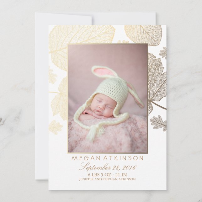 Gold Fall Newborn Baby Photo Birth Announcements (Front)
