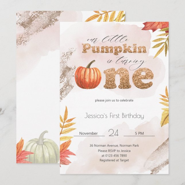 Gold Fall Pumpkin First Birthday Invitation (Front/Back)