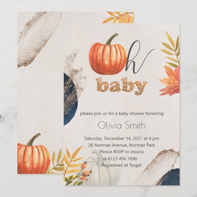 Gold Fall Pumpkin Oh Baby Baby Shower Invitation (Front/Back)