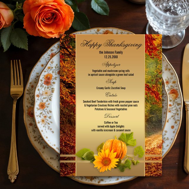 Gold Fall Thanksgiving Menu (Elegant Thanksgiving fall menu card featuring a pumpkin with sunflower on a gold stylized background)