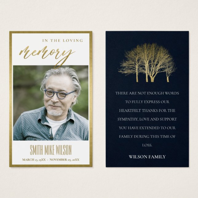 GOLD FALL TREE SYMPATHY MEMORIAL PHOTO THANKS CARD (Front & Back)
