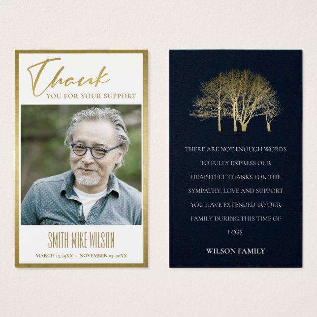 GOLD FALL TREE SYMPATHY MEMORIAL PHOTO THANKS CARD (Front & Back)