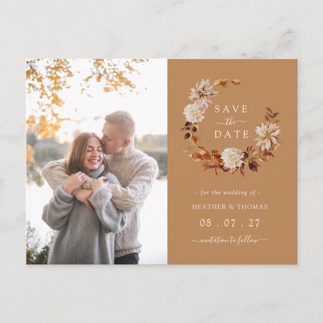 Gold Fall Wreath Wedding Photo Save The Date Announcement Postcard (Front)