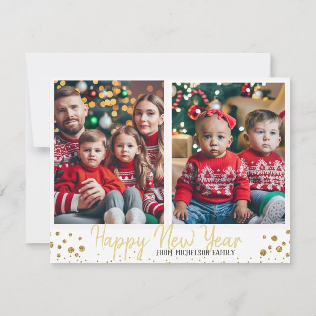 Gold Family 2 Photos Happy New Year Card  (Front)