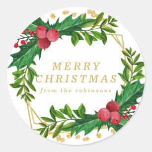 Gold Family Merry Christmas Greenery Holly Glitter Classic Round Sticker