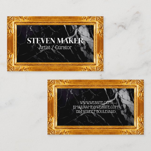 Gold Fancy Border | Black Marble Business Card (Front/Back)