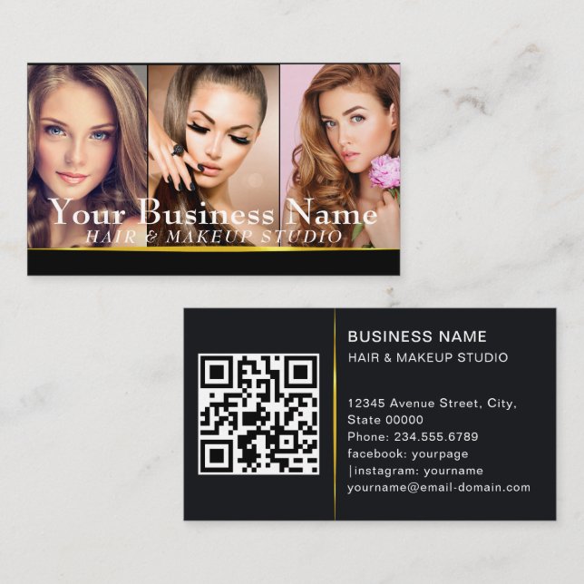 Gold Fashion Makeup Artist Photo Showcase QR Code Business Card (Front/Back)