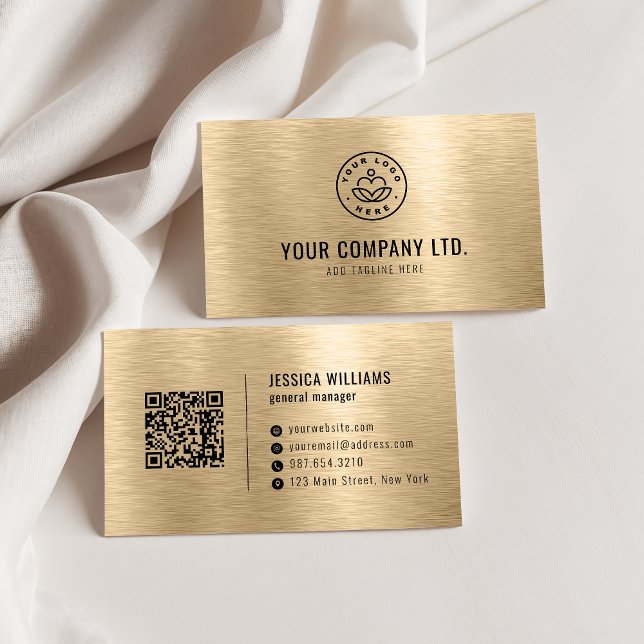Gold Faux Brushed Metal Professional QR Code Business Card (Creator Uploaded)
