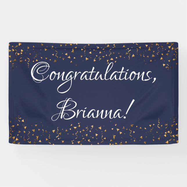Gold Faux Confetti, Dark Navy Blue Congratulations Banner (Horizontal)