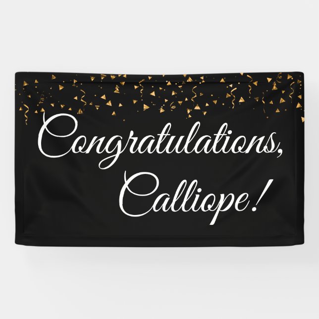Gold Faux Confetti White on Black Congratulations Banner (Horizontal)