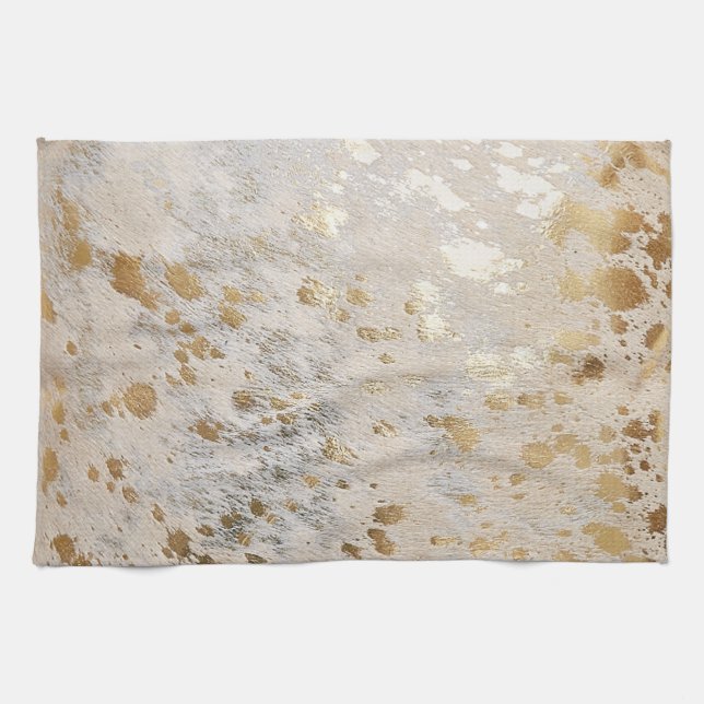 Gold Faux Cowhide Print Metallic Cowgirl Western Tea Towel (Horizontal)
