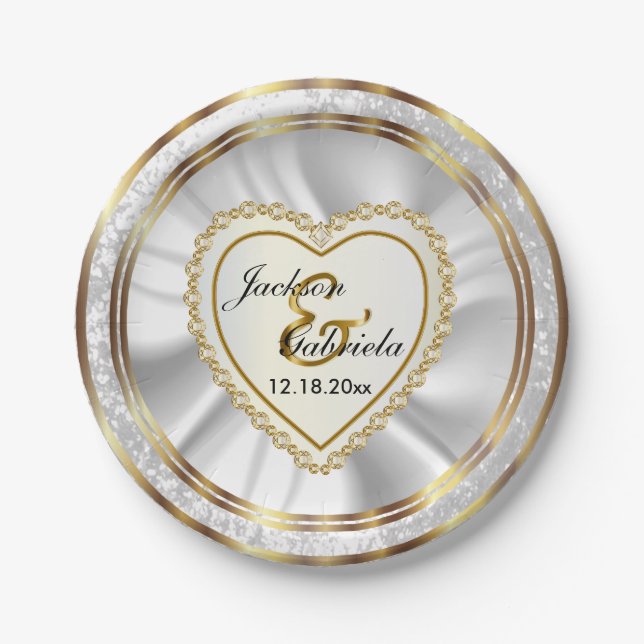 Gold & Faux Diamond & Glitter Wedding Anniversary Paper Plate (Front)