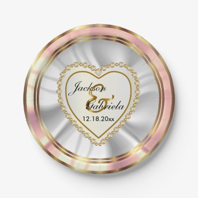 Gold & Faux Diamond & Rose Wedding or Anniversary Paper Plate (Front)