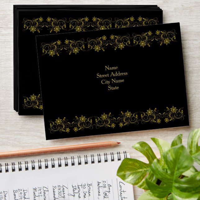 Gold Faux Filigree Foil on Black Envelope (Stacked)