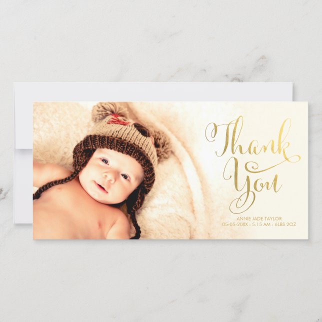 Gold Faux Foil Baby Thank You Overlay Photo Cards (Front)