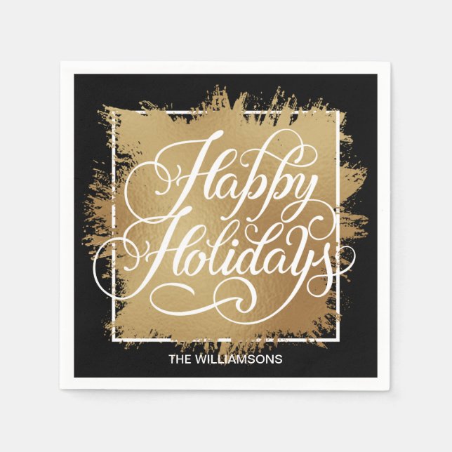 Gold Faux Foil Happy Holidays Black Napkin (Front)
