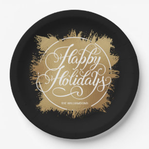 Gold Faux Foil Happy Holidays Black Paper Plate