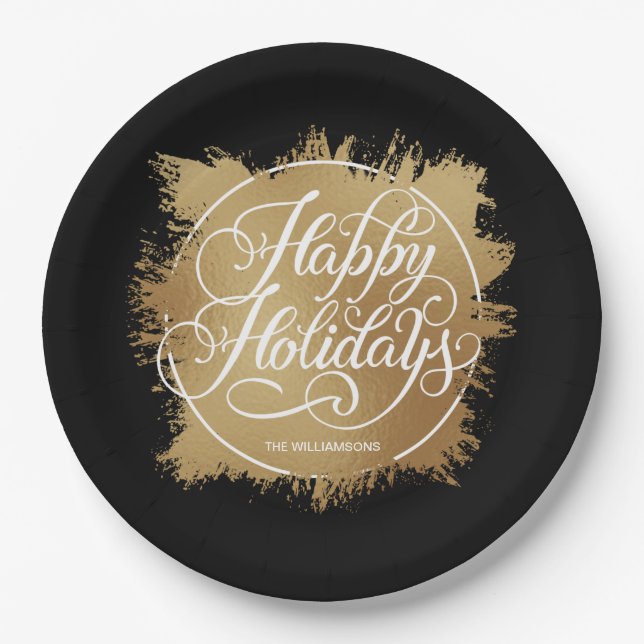 Gold Faux Foil Happy Holidays Black Paper Plate (Front)