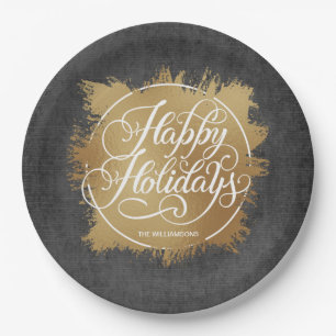 Gold Faux Foil Happy Holidays Black Paper Plate
