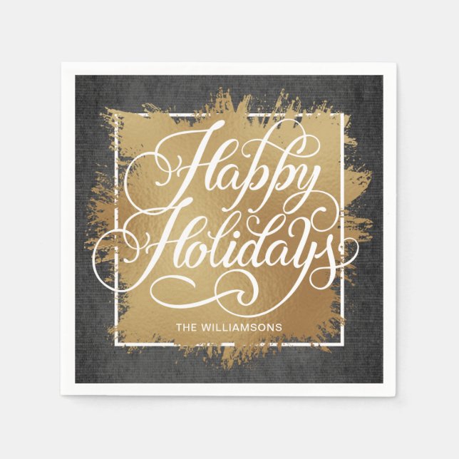 Gold Faux Foil Happy Holidays Black Pattern Napkin (Front)