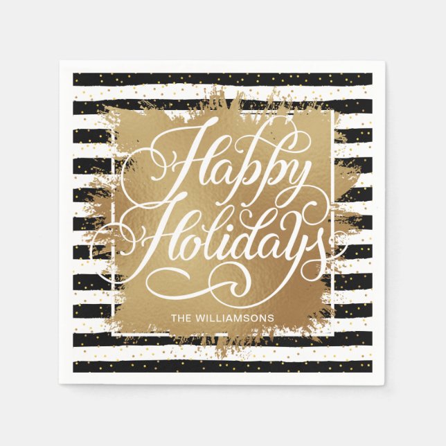 Gold Faux Foil Happy Holidays Black White Stripes  Napkin (Front)