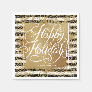 Gold Faux Foil Happy Holidays Black White Stripes Napkin
