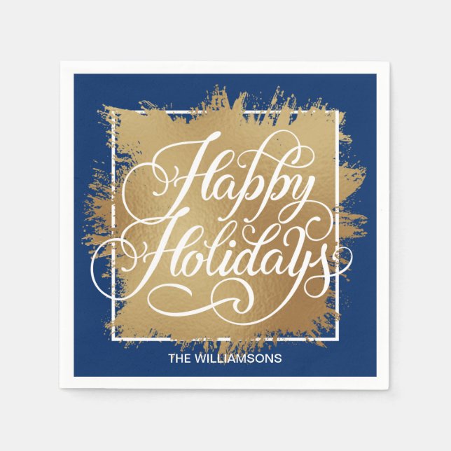 Gold Faux Foil Happy Holidays Blue Napkin (Front)