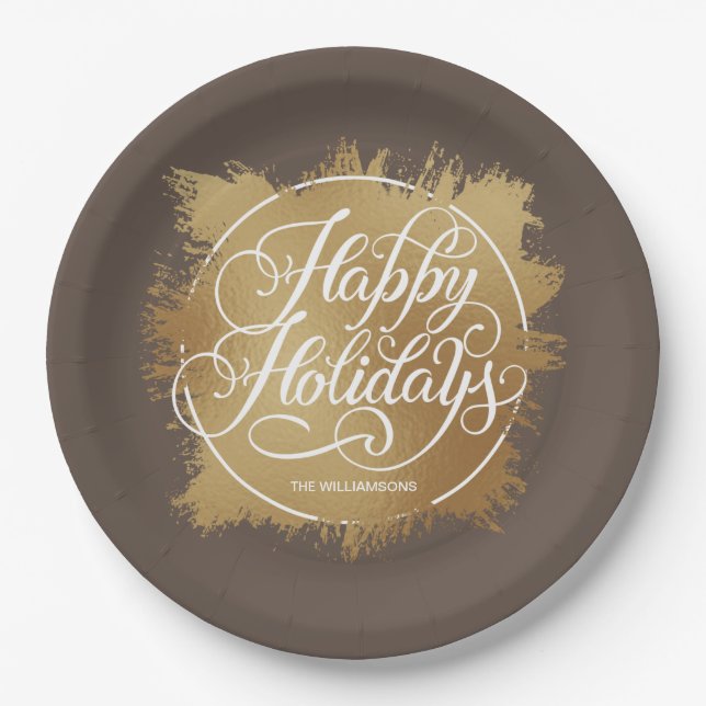 Gold Faux Foil Happy Holidays Brown Paper Plate (Front)
