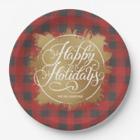 Gold Faux Foil Happy Holidays Buffalo Plaid