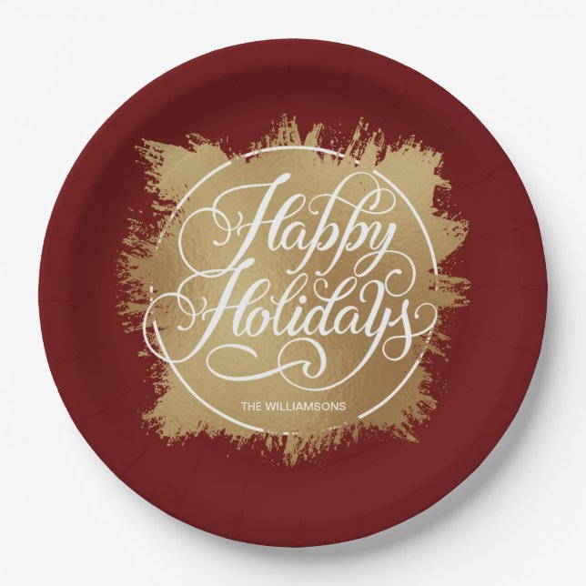 Gold Faux Foil Happy Holidays Burgundy Paper Plate (Front)