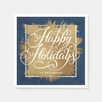Gold Faux Foil Happy Holidays Denim Blue