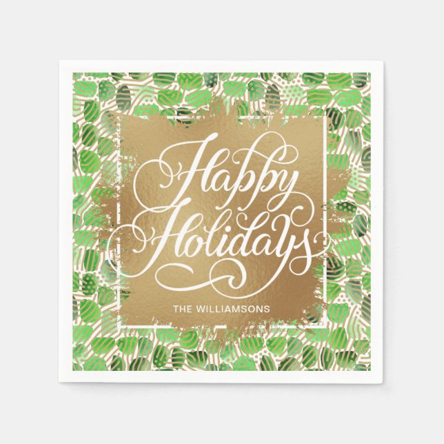 Gold Faux Foil Happy Holidays Green Napkin (Front)