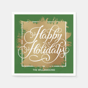 Gold Faux Foil Happy Holidays Green Napkin