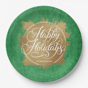 Gold Faux Foil Happy Holidays Green Paper Plate