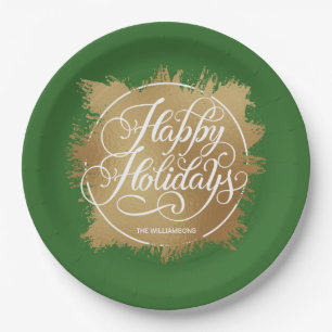 Gold Faux Foil Happy Holidays Green Paper Plate