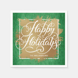 Gold Faux Foil Happy Holidays Green Pattern Napkin