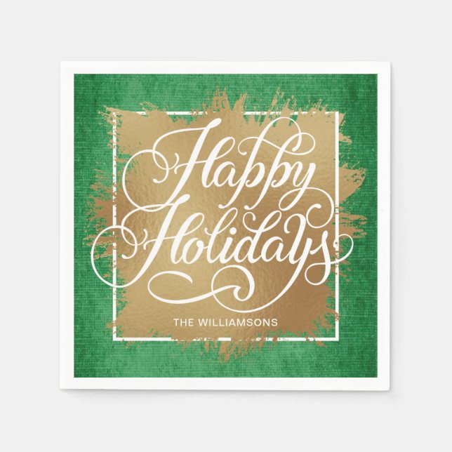 Gold Faux Foil Happy Holidays Green Pattern Napkin (Front)