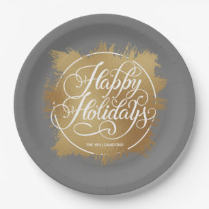 Gold Faux Foil Happy Holidays Grey Paper Plate